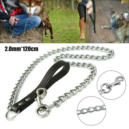 Heavy Duty Metal Chain Dog Lead With Leather Handle Long Strong Control Leash Outdoor Pet Traction Rope Anti Bite Chain Supplies