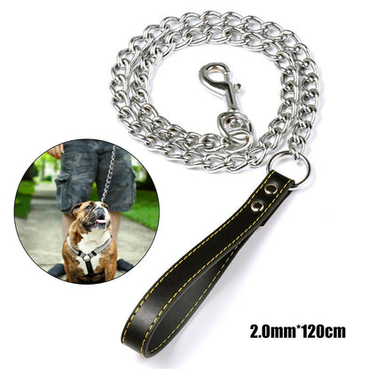 Heavy Duty Metal Chain Dog Lead With Leather Handle Long Strong Control Leash Outdoor Pet Traction Rope Anti Bite Chain Supplies