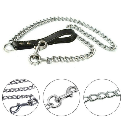 Heavy Duty Metal Chain Dog Lead With Leather Handle Long Strong Control Leash Outdoor Pet Traction Rope Anti Bite Chain Supplies