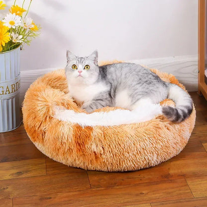 2023 New Plush Round Cat Bed Pet Mattress Warm, Soft and Comfortable Basket Cat and Dog 2-in-1 Small Dog Sleeping Bag Nest