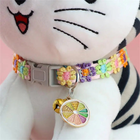 Adjustable Cat Collar Rainbow Flower Decoration Pet Collar With Bell Colorful Lace Flower Fruit Pendant Collar Kitten Accessory