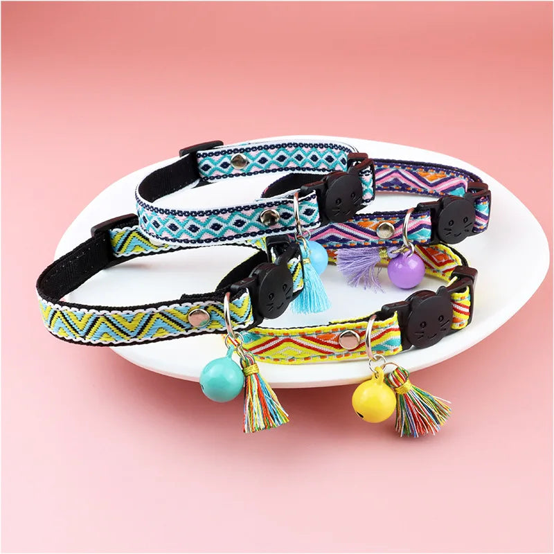 Adjustable cat collar with tassels and bells embellished pet collar colorful plaid jacquard pattern for cat and dog collars