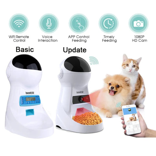 Iseebiz Update 3L Pet Feeder Wifi Remote Control Fashion Smart Automatic Pet Feeder Dogs Cat Food Rechargable With Video Monitor