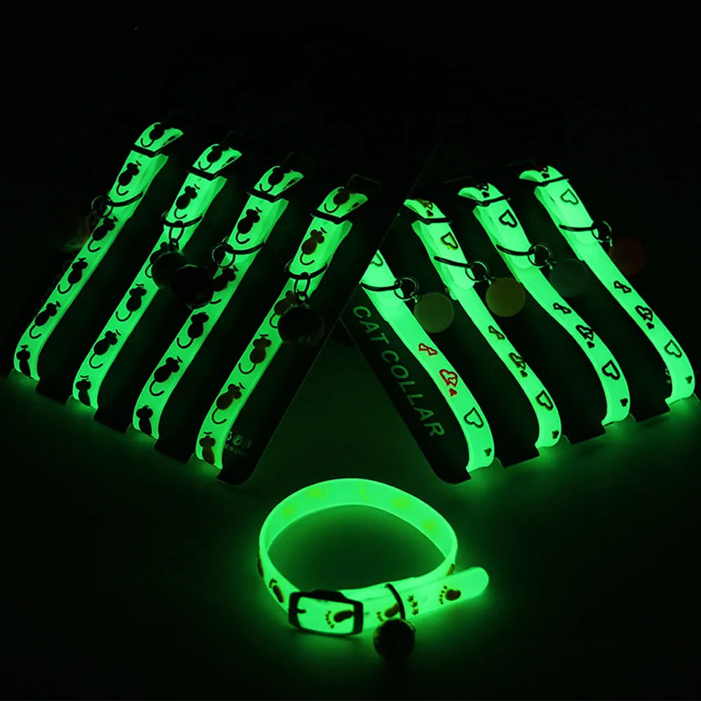 Luminous Cat Necklace Glowing Small Dog Cat Collar Anti-Loss Fluorescent Silicone Cat Bell Collar Neck Ring Pet Cat Accessories