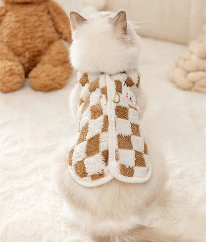 Winter Cat Dog Clothes with Buckle Sweet Bear Print Pet Plush Sweater for Small Dogs Pomeranian Chihuahua Puppy Button Jacket