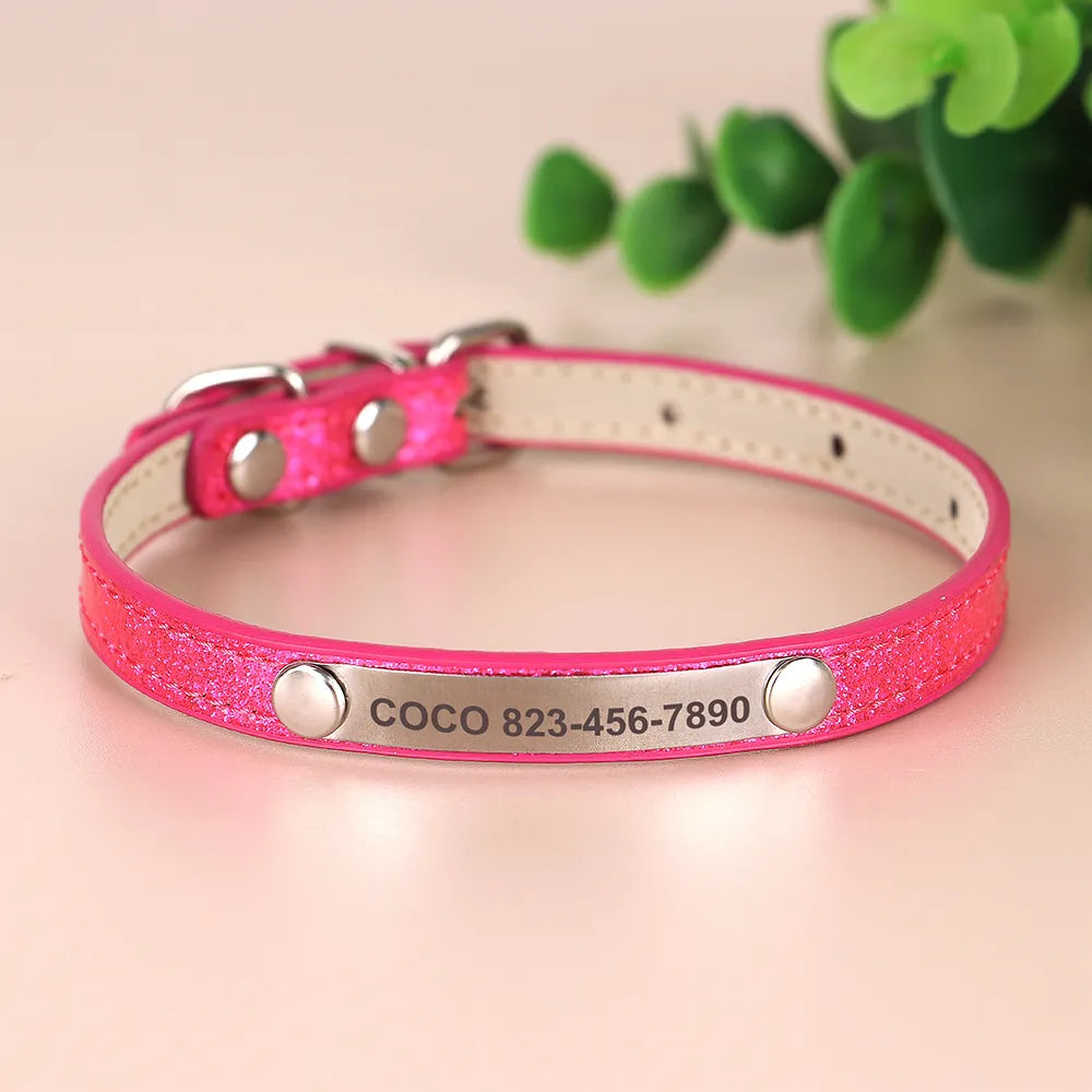 Custom Cat Collar Bling Leather Pet Cat Collars Personalized Carved Kitten Small Dogs Puppy Necklace With Engraved ID Nameplate