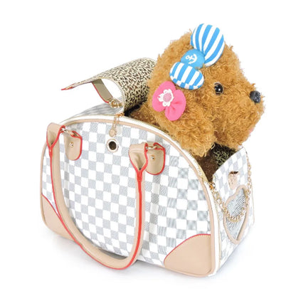 Hanpanda Four Seasons Pet Outing Carrying Bag Large Space Dog Carrier Breathable Window PU Plaid Printed Chihuahua Teddy Handbag