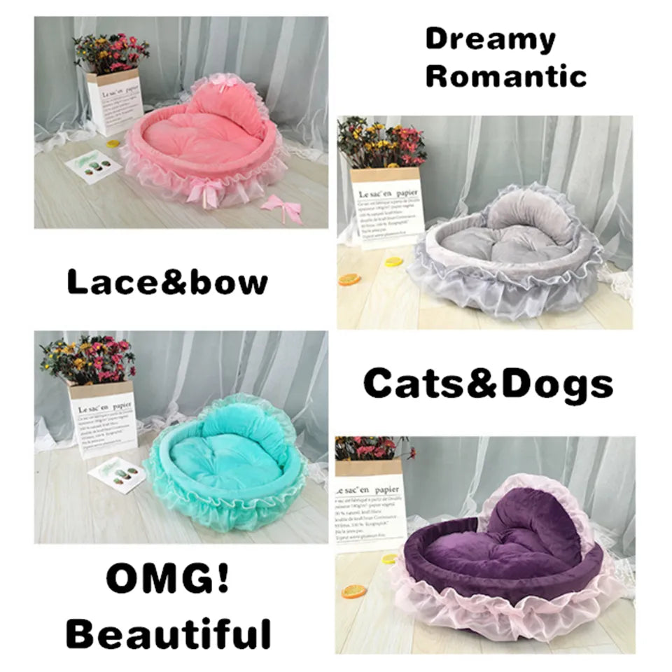 Hanpanda Fantasy Bow Lace Dog Bed Beds For Large Dogs Detachable Oval Pink Princess Pet Bed Basket For Dog Pet Wedding Furniture