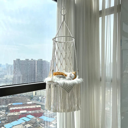 Hanging Cat Bed Pet Cat Hammock Cotton Rope Aerial Cats Bed House Tassel Woven Climbing Frame Seat Nest Pet Basket Tapestry New