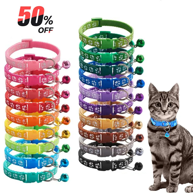 Pet Collar With Bell Cartoon Footprint Colorful Dog Puppy Cat Accessories Kitten Collar Adjustable Safety Bell Ring Necklace Pet