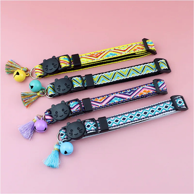 Adjustable cat collar with tassels and bells embellished pet collar colorful plaid jacquard pattern for cat and dog collars