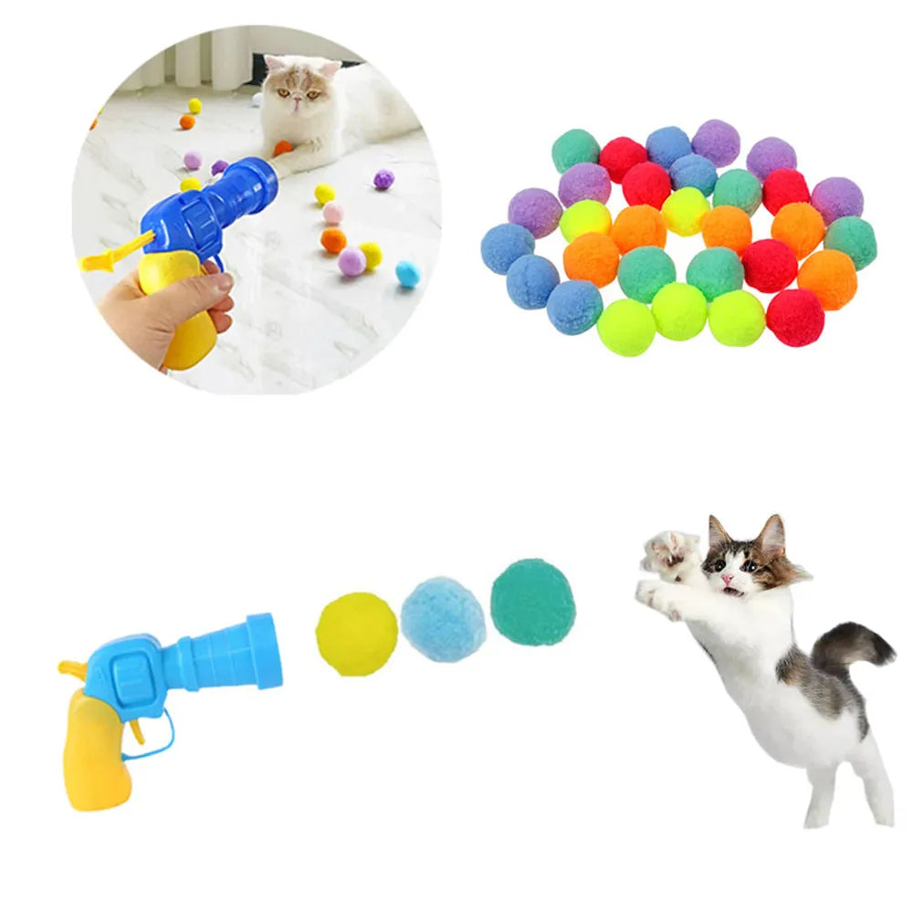 Pet Plush Ball Launcher Toys Set Funny Cats Plastic Shooting Gun Kitten Training Run Interactive Supplies Dog Throwing Toys New