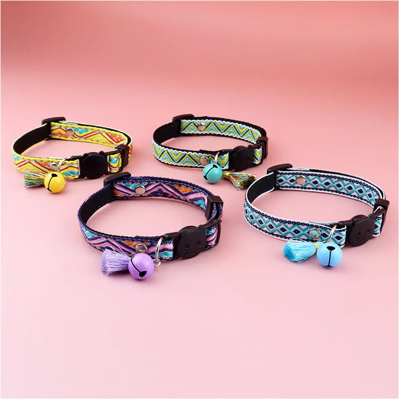 Adjustable cat collar with tassels and bells embellished pet collar colorful plaid jacquard pattern for cat and dog collars