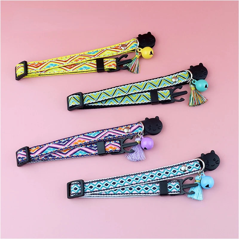 Adjustable cat collar with tassels and bells embellished pet collar colorful plaid jacquard pattern for cat and dog collars