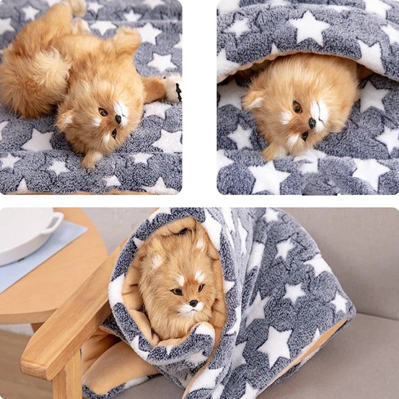 Pet sleeping mat dog bed cat bed soft fur thickened blanket pad velvet household washable warm footprint star pattern blanket