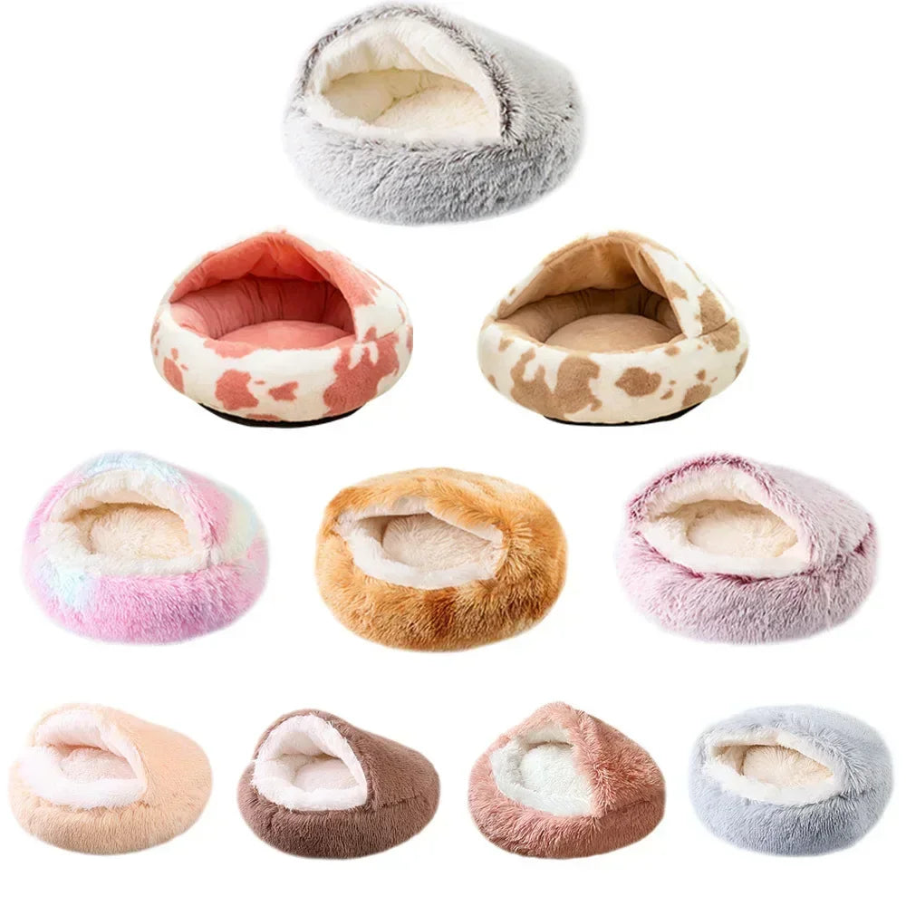 2023 New Plush Round Cat Bed Pet Mattress Warm, Soft and Comfortable Basket Cat and Dog 2-in-1 Small Dog Sleeping Bag Nest