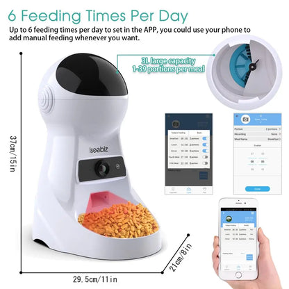 Iseebiz Update 3L Pet Feeder Wifi Remote Control Fashion Smart Automatic Pet Feeder Dogs Cat Food Rechargable With Video Monitor